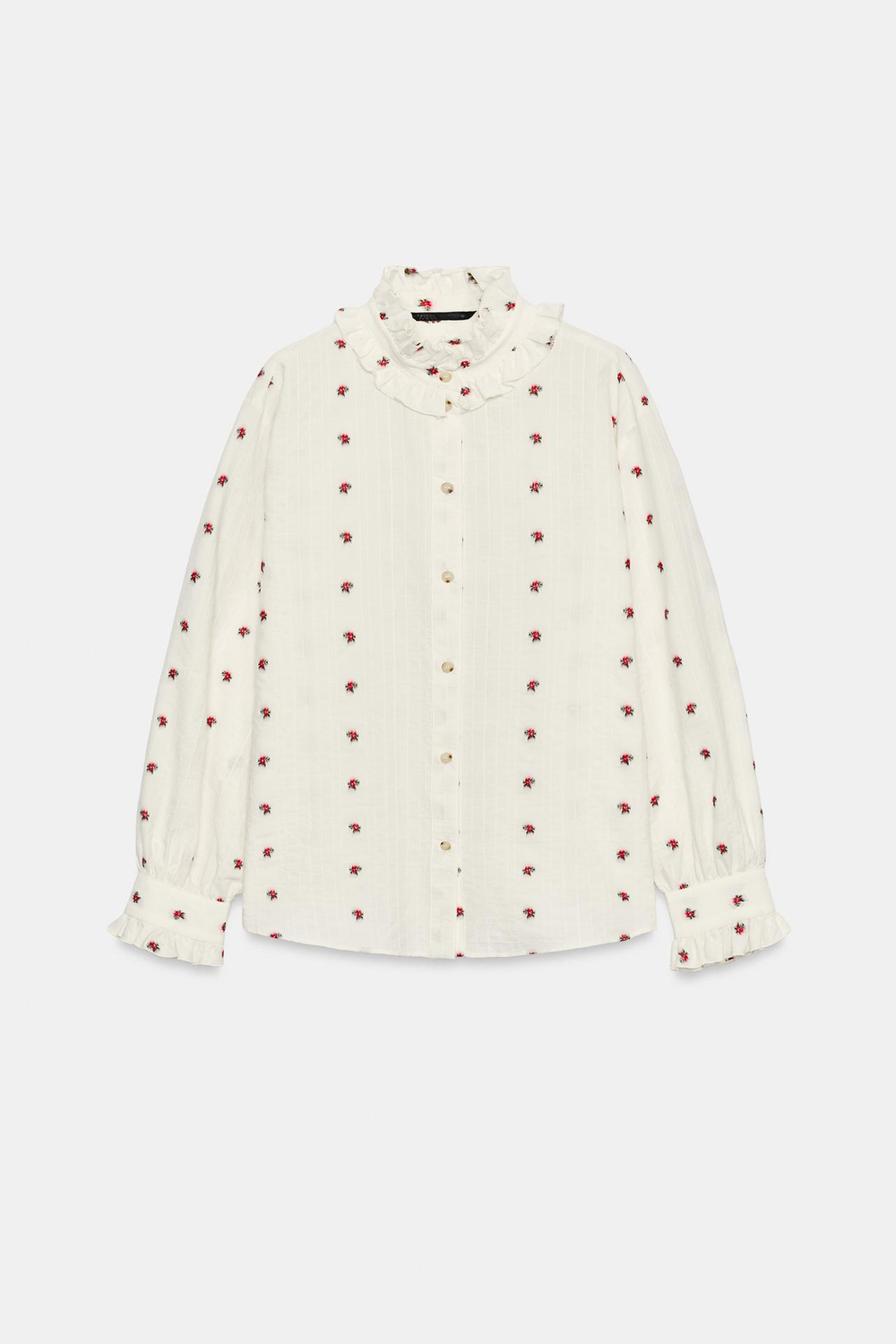 ZARA БЛУЗА С ЦВЕТОЧНЫМ ЖАККАРДОВЫМ УЗОРОМ И ВОЛАНАМИ, ЭКРЮ/КРАСНЫЙ