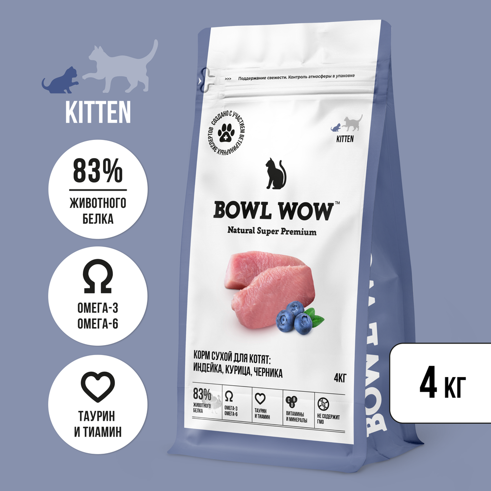 Bowl wow корм сухой для котят: индейка, курица, черника