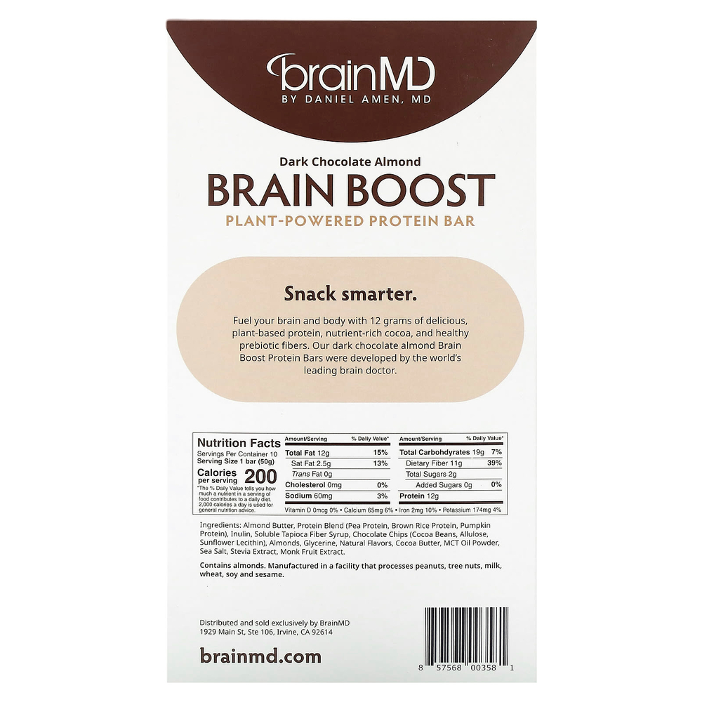 BrainMD, Brain Boost, батончик на растительной основе, протеиновый батончик, темный шоколад и миндаль, 10 батончиков по 50 г (1,5 унции)