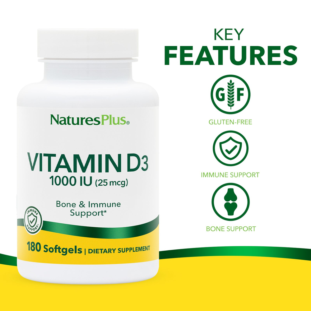 NaturesPlus, витамин D3, 25 мкг (1000 МЕ), 180 капсул