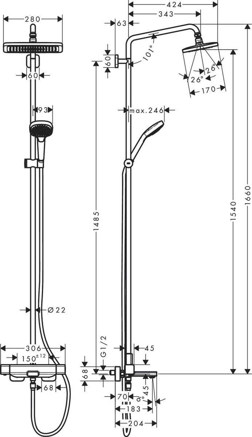 Душевая 27687000 Croma E 280 1jet система Showerpipe для ванны, хром