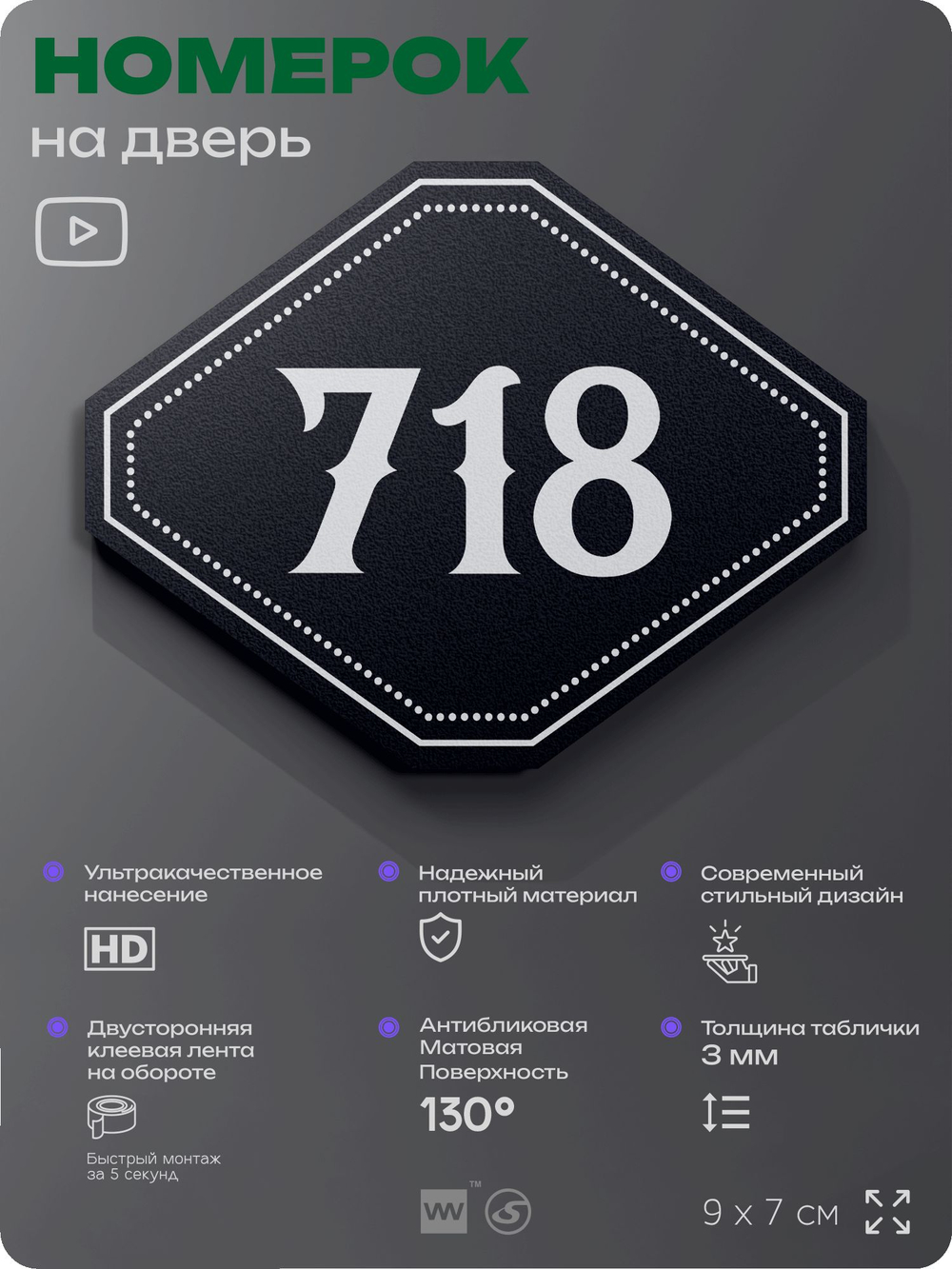 Номерок на дверь квартиры 718, для кабинета, офиса, шильдик 9 х 7 см, черный, Айдентика Технолоджи