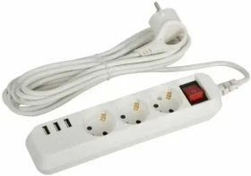 Удлинитель электрич. ЭРА U-3es-5m-USB c заземл. с выключ. 3 розетки + 3xUSBA 5м 10А Б0052902