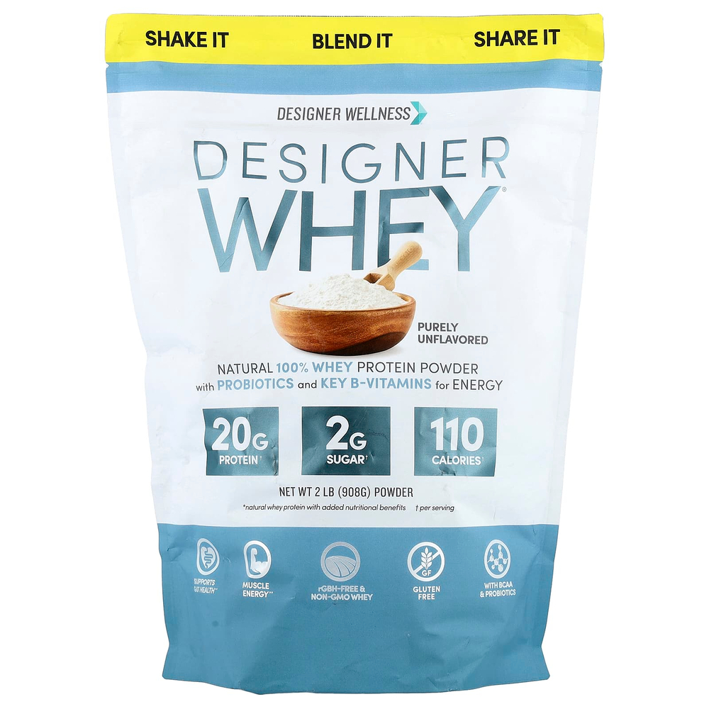 Designer Wellness, Designer Whey, натуральный 100%-ный сывороточный белок, чистый без вкуса, 908 г