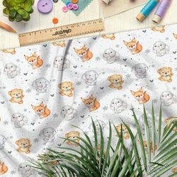 Ткань ниагара игрушечные белочки, зайчики, мишки и слоники