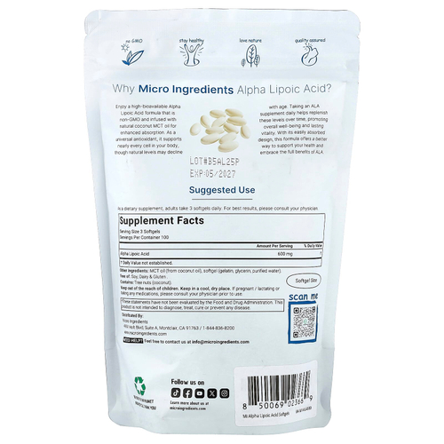 Micro Ingredients, альфа-липоевая кислота, 300 капсул (200 мг в 1 капсуле)