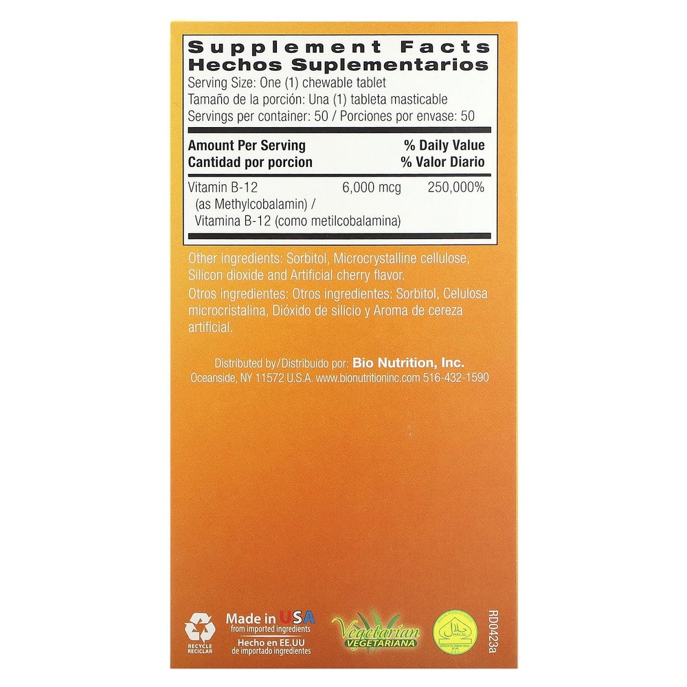 Bio Nutrition, Витамин B12, вишня, 6000 мкг, 50 жевательных таблеток