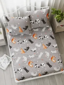 Постельное белье "Kitties" семейное наволочки 50х70 2шт Простынь на резинке 160х200 см Пододеяльник 145х215 см(2шт) Сказка сатин