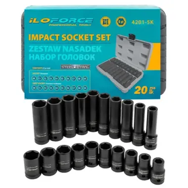 Набор головок 20пр., 1/2''(6гр.) (короткие 38мм/глубокие 78мм: 10-19мм) в пласт.кейсе ILOforce IF-4201-5K