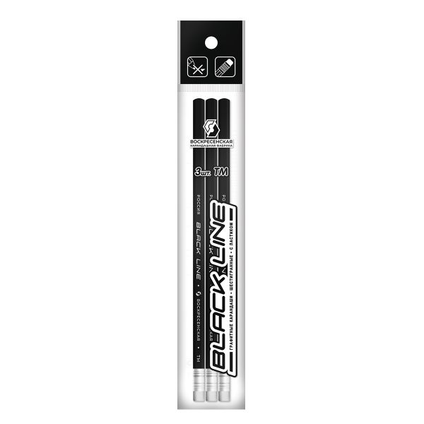 Карандаш чернографитный (набор) с ластиком ТМ (HB) 10х3 шт, Black Line 3P 1-966, ВКФ 3P 1-966