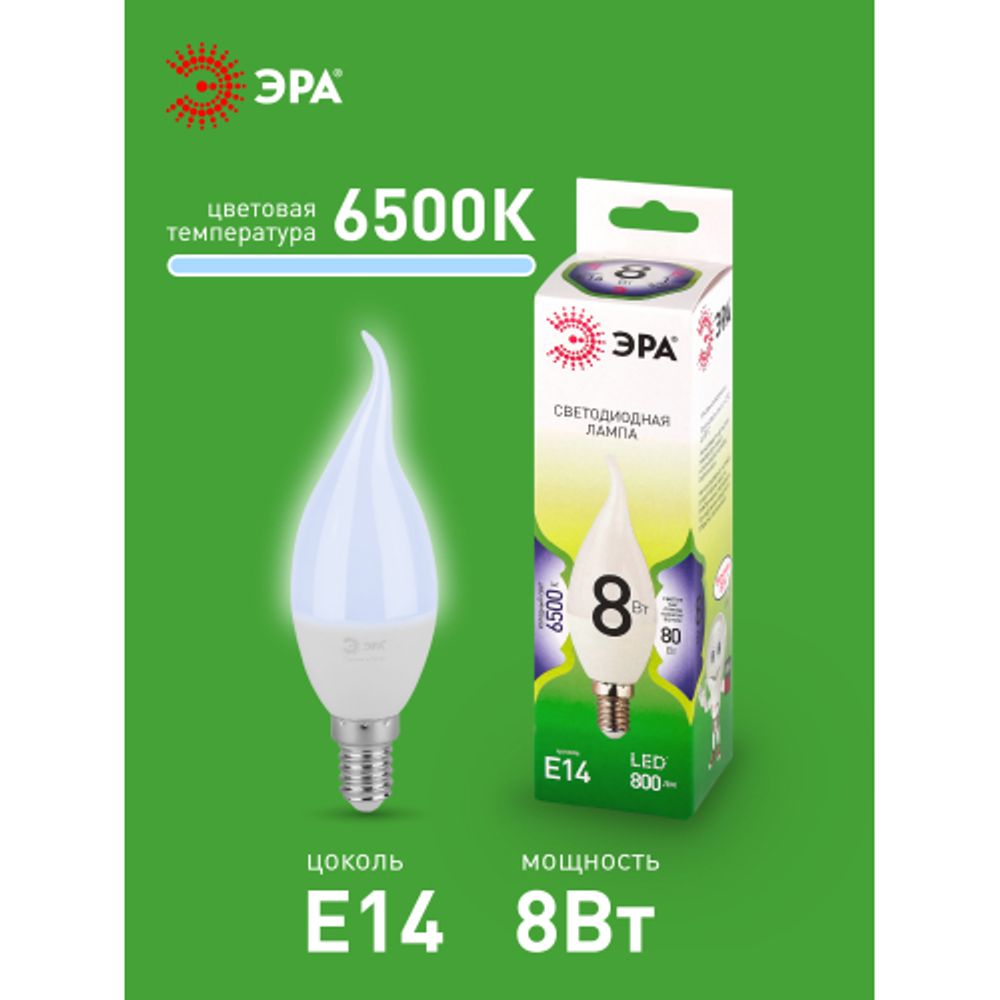 Лампа светодиодная ЭРА GREEN LINE LED BXS-8W-865-E14 GL 8Вт свеча на ветру холодный свет E14 | Лампы cветодиодные Свеча (B/C)
