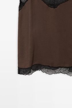 Massimo Dutti Топ в бельевом стиле с контрастным кружевом, пестро-коричневый