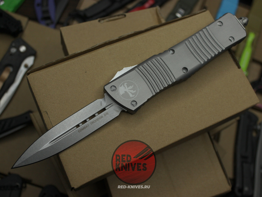 Нож Microtech Troodon D/E Gray Apocalyptic А+++ 142-1NC - графитовая рукоять + доп. пружина