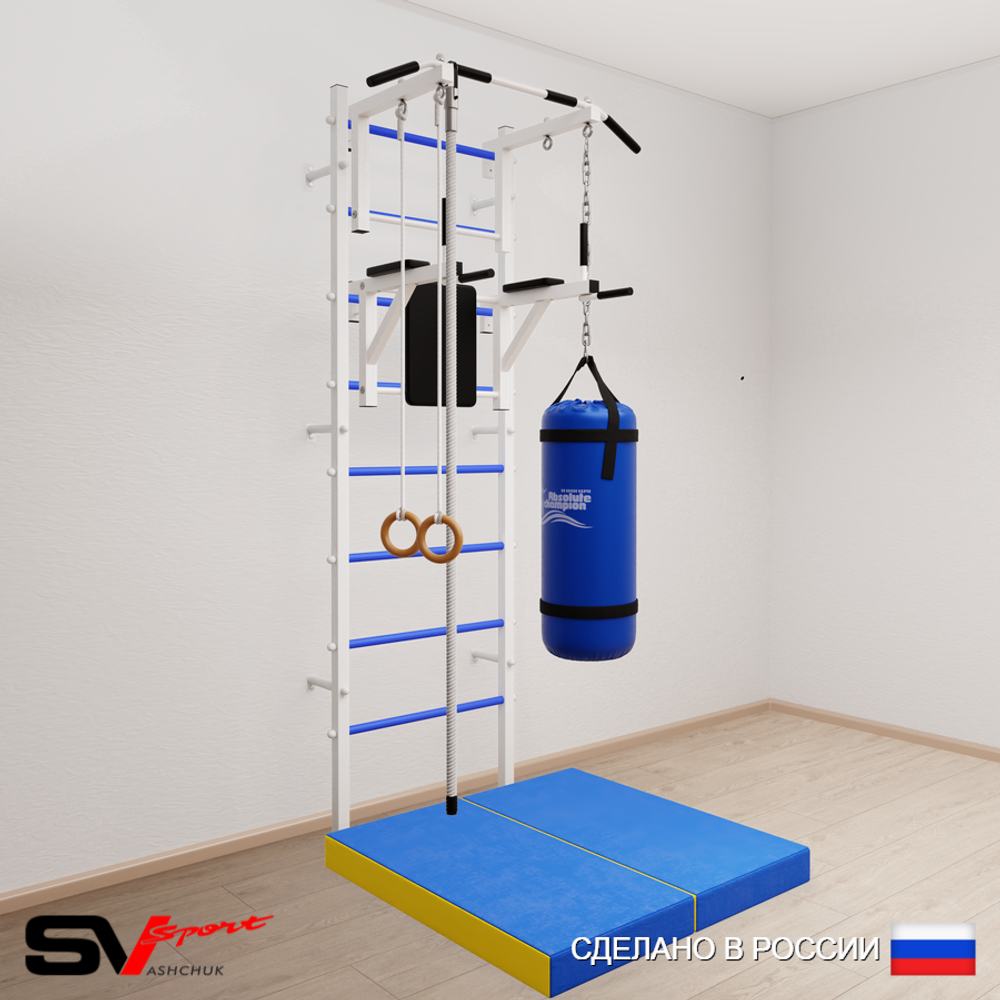 Шведская стенка Sv Sport 5747 (Турник стандарт/Брусья/Канат/Кольца/Цепь/Мешок 30кг/Мат 1м)