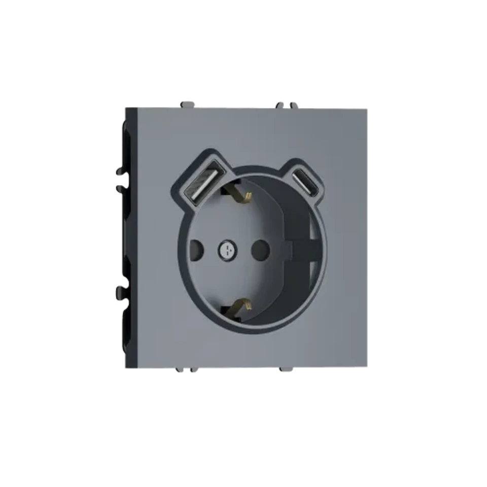 Розетка 220В с заземлением, со шторками, 16А + зарядка USB A+C 20W, на винтах, сталь DONEL S08