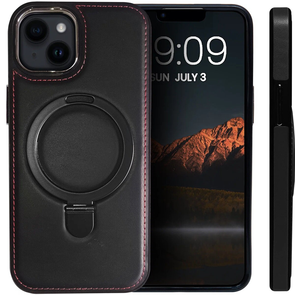 Business style чехол из кожи для IPHONE 15 с кольцом-подставкой и бархатной подкладкой