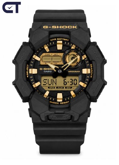 CASIO GA-010GB-1A9DR G-SHOCK мужские наручные часы — чёрно-золотая ударопрочная модель с 10-летней батареей