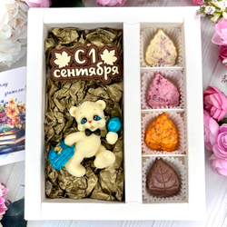 Шоколадный набор "С 1 сентября. Мишка с портфелем»: шоколадка-надпись и 4 конфеты ручной работы