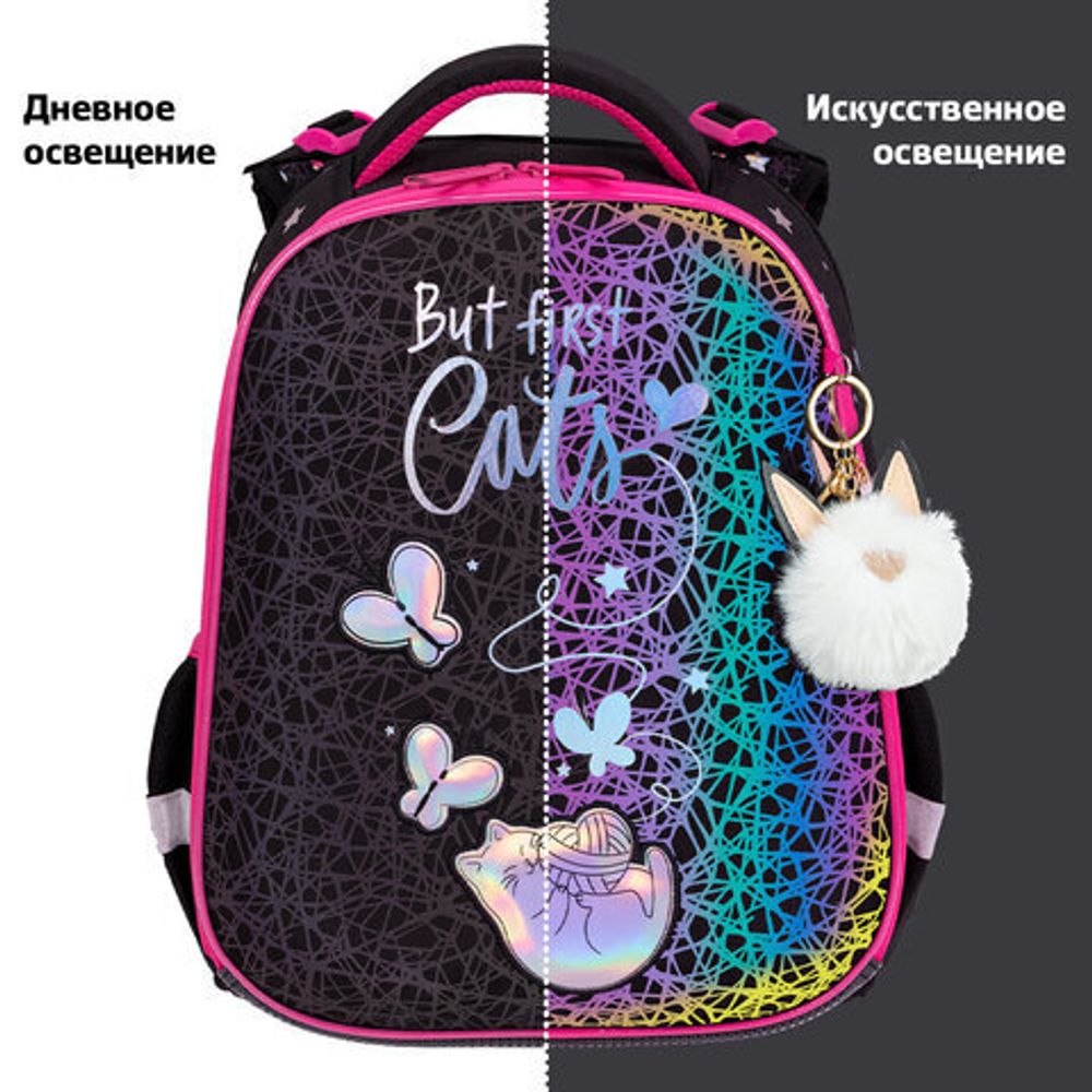 Ранец BRAUBERG LUMINOUS, 2 отделения, с брелоком, "Cats first", СВЕТЯЩИЙСЯ РИСУНОК, 38х29х16 см, 271367
