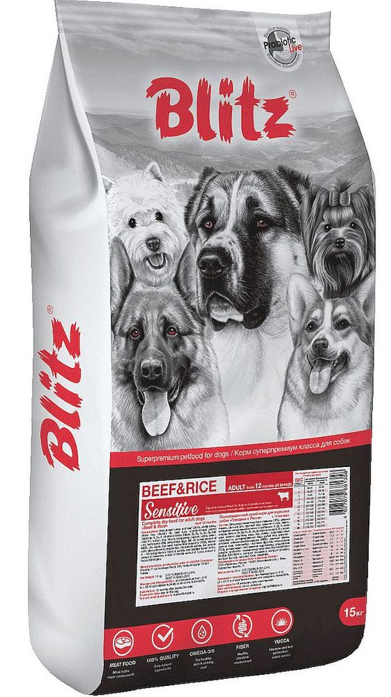Сухой корм BLITZ Sensitive ADULT BEEF &amp; RICE для взрослых собак с говядиной и рисом, Пакет 15 кг