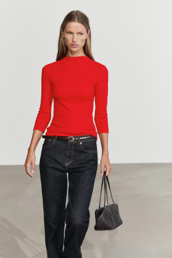 Massimo Dutti Футболка с воротником-стойкой и рукавами до локтя, красный