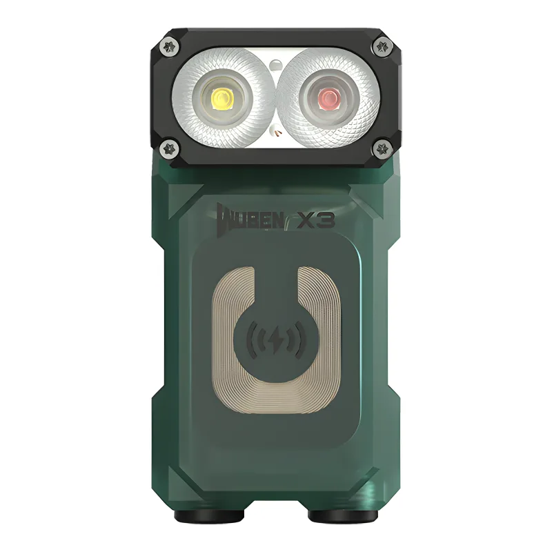 Фонарь Wuben X3 Pro, зелёный - вид спереди, зеленый прозрачный корпус