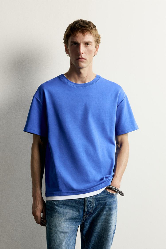 ZARA ФУТБОЛКА RELAXED FIT С КОНТРАСТНЫМИ ДЕТАЛЯМИ, ЯРКО-СИНИЙ