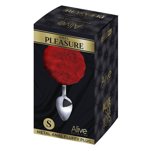 Серебристая анальная пробка с красным хвостиком 7см Adrien Lastic Metal Anal Fluffy Size S