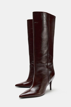 ZARA КОЖАНЫЕ САПОГИ НА КАБЛУКЕ, КОРИЧНЕВЫЙ