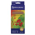 Карандаши цветные BRAUBERG "Цветы", набор 12 цветов, трехгранные, лакированное дерево, 181288