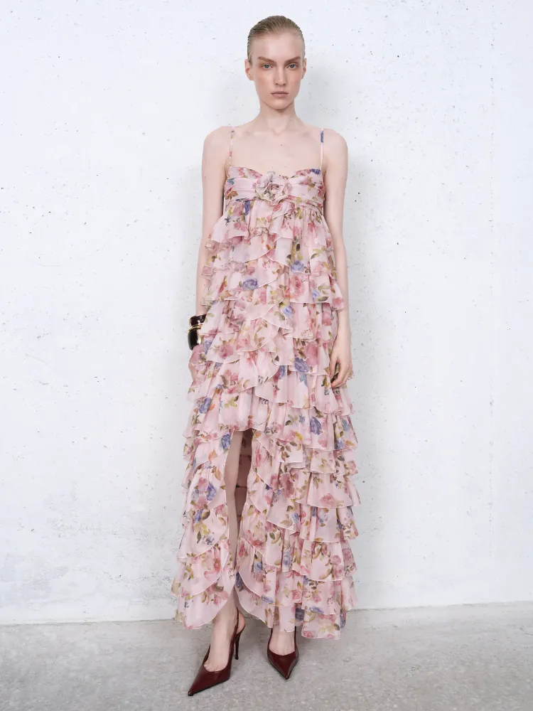 Уиллоу макси (Willow maxi), платье макси из розового шифона с цветочным принтом и розой