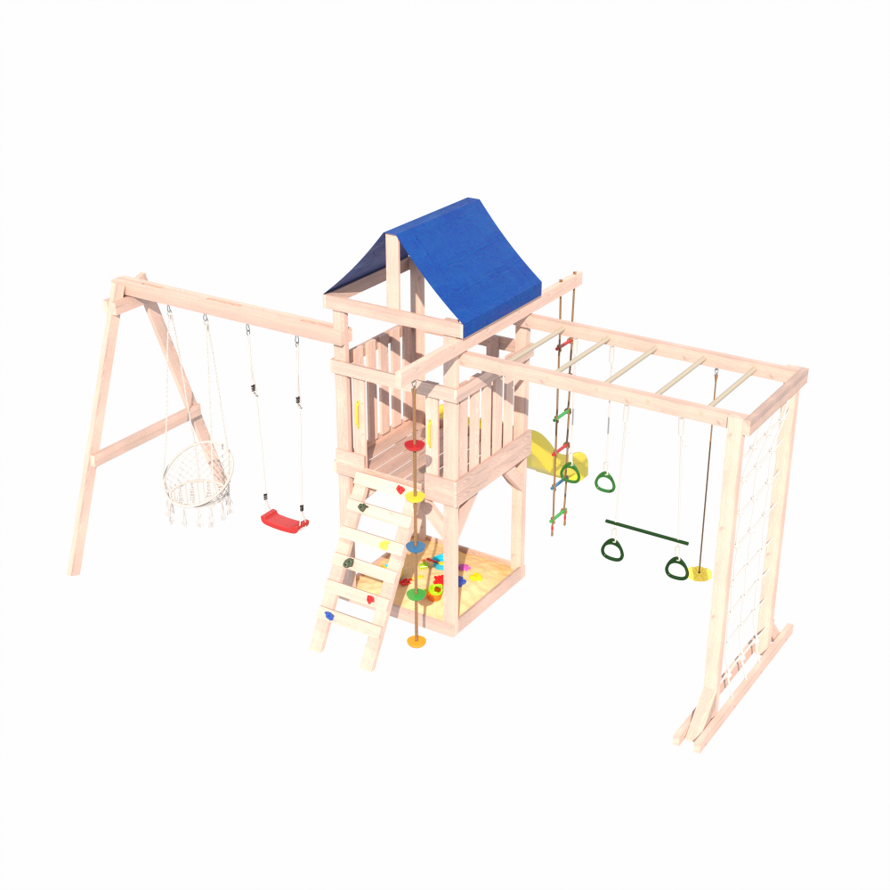 Детская площадка Fun Land неокрашенная с сеткой, рукоходом, качелями и плетенным креслом