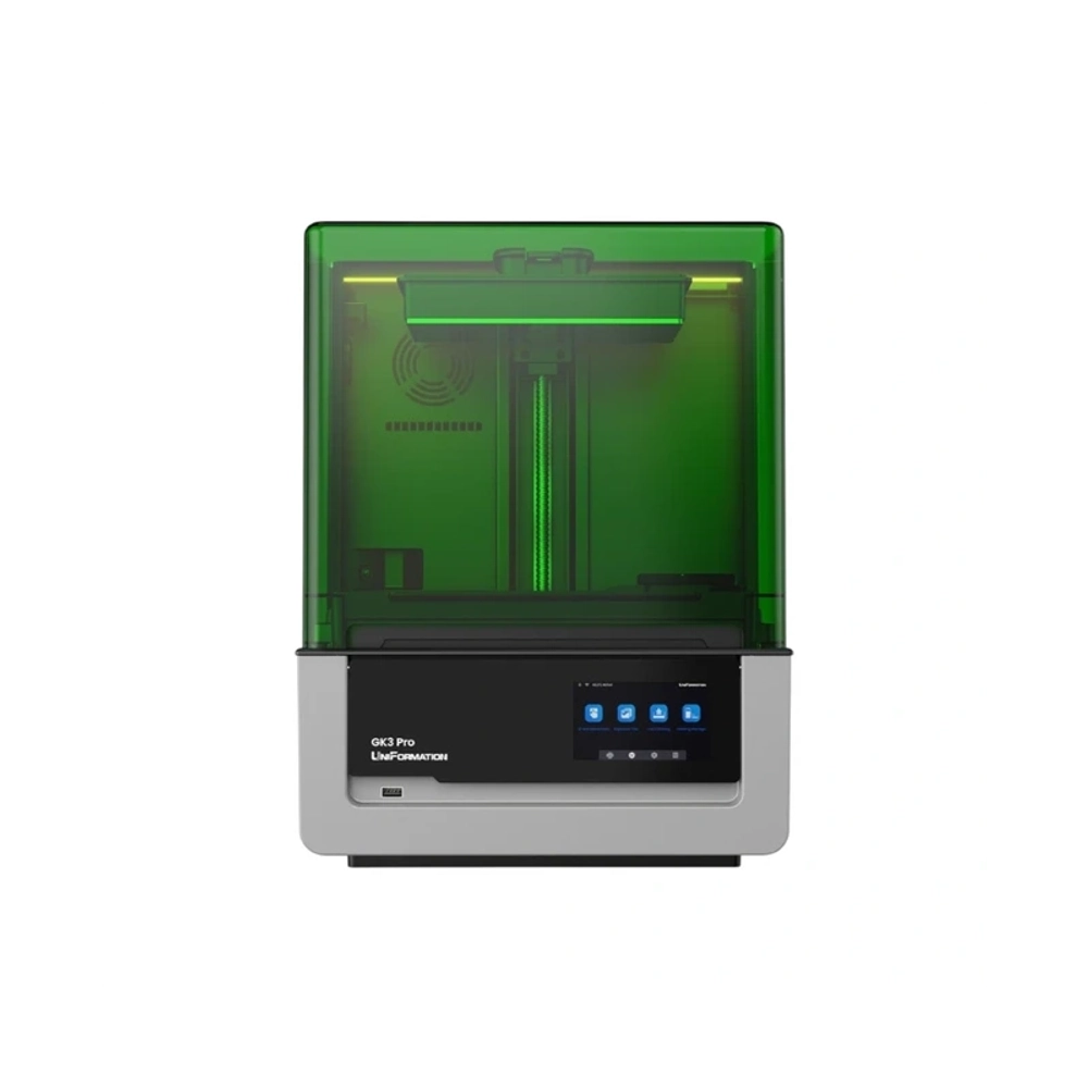 3D-принтер GK2 Pro UnIFORMATION, смоляной MSLA принтер с зеленым кожухом и сенсорным дисплеем. Вид спереди.
