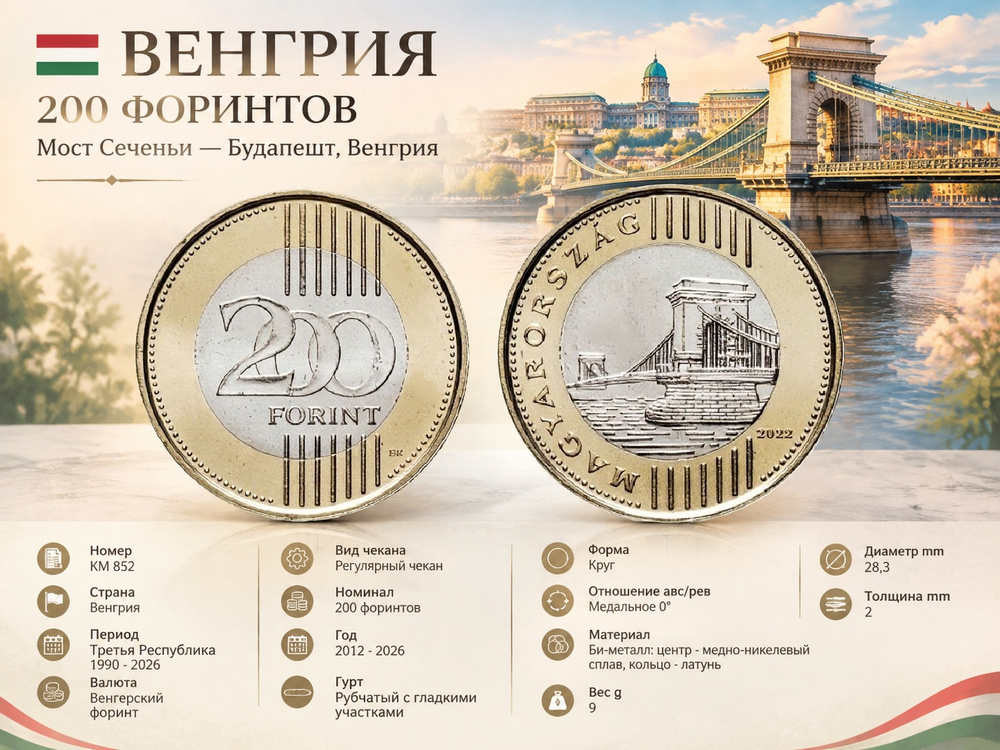 Венгрия 200 форинтов, 2022 Мост Сеченьи XF