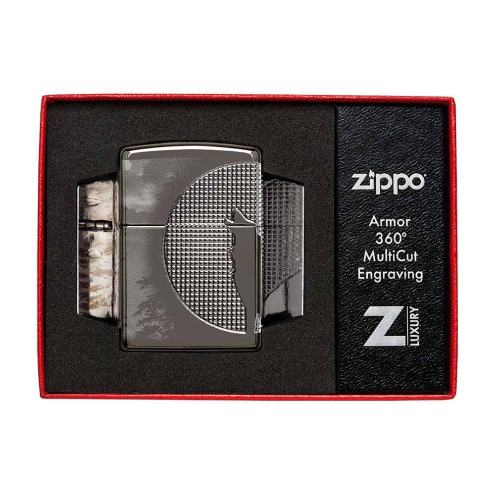 Зажигалка Zippo Armor Wolf  с покрытием High Polish Black Ice, чёрная, 38x13x57 мм