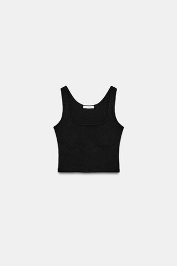 ZARA КРОП-ТОП НА БРЕТЕЛЯХ В РУБЧИК, ЧЕРНЫЙ