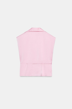 ZARA АТЛАСНАЯ РУБАШКА БЕЗ РУКАВОВ С ПОЯСОМ, РОЗОВЫЙ