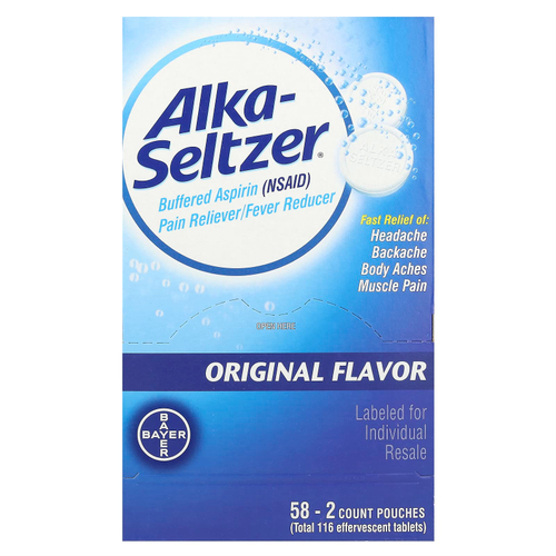 Alka-Seltzer, Буферизованный аспирин (НПВП), обезболивающее / средство для снижения температуры, оригинальный, 58 пакетиков (2 шт.) В каждом