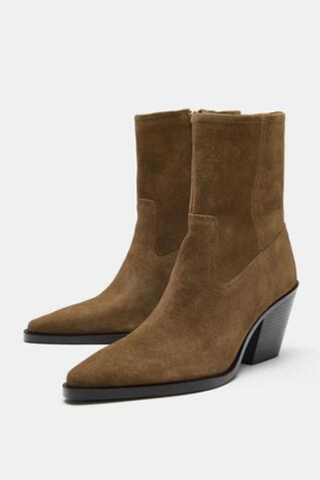 ZARA ЗАМШЕВЫЕ БОТИЛЬОНЫ НА ВЫСОКОМ КАБЛУКЕ, СЕРО-КОРИЧНЕВЫЙ
