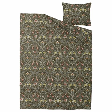 Комплект постельного белья IKEA KARRDUNORT (КАРРДУНЕРТ), Односпальный, Темно-зеленый с рисунком, 150x200, 50x80 см