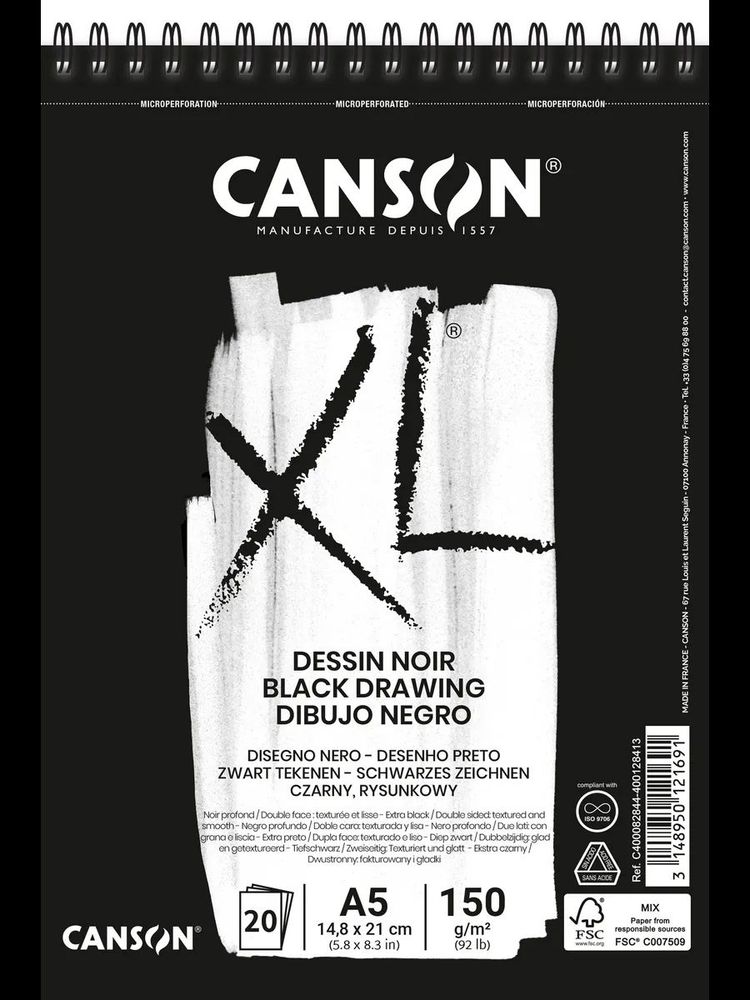 Альбом для графики XL Black Dessin 150 г/м², A5 21х14.8 см, на спирали 20 л., Canson, C400082844