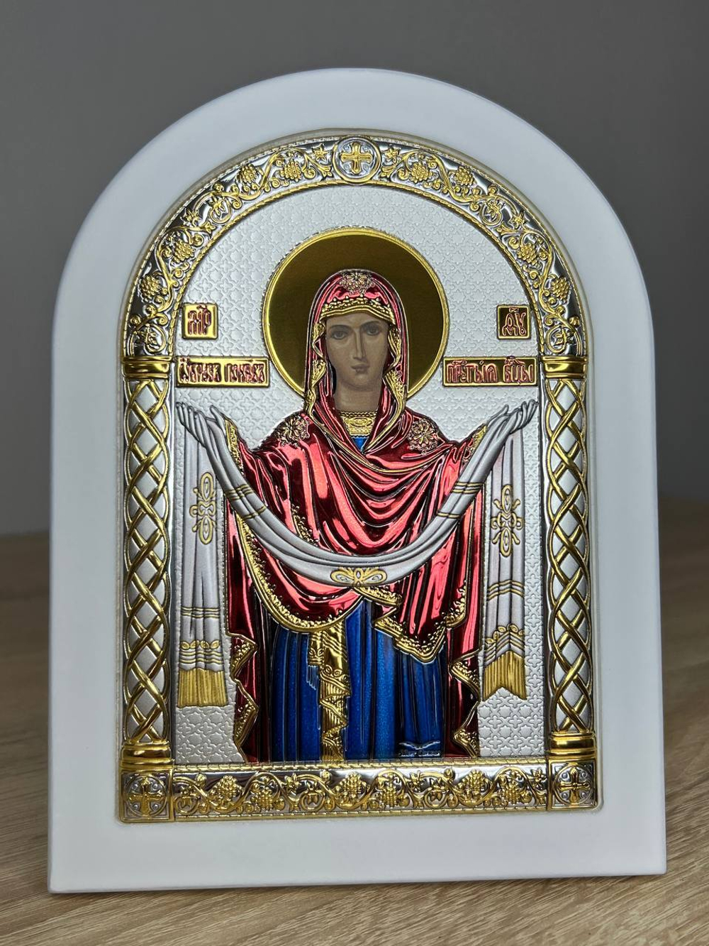 Покрова, икона арочная, белое дерево, эмаль 150х200