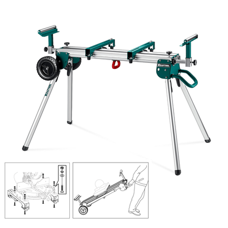 Стол складной для торцовочных пил KRAFTOOL MSA-1200 U (1120-2650) х 765 х 970 мм, роликовые опоры, регулировка по высоте, складные ножки, с ручкой и колесами 38782-2