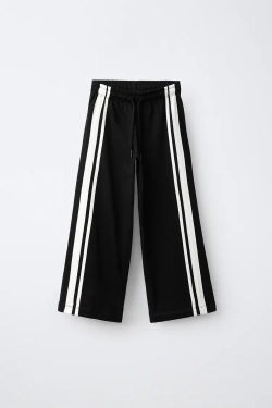ZARA БРЮКИ WIDE LEG С ЛАМПАСАМИ, ЧЕРНЫЙ