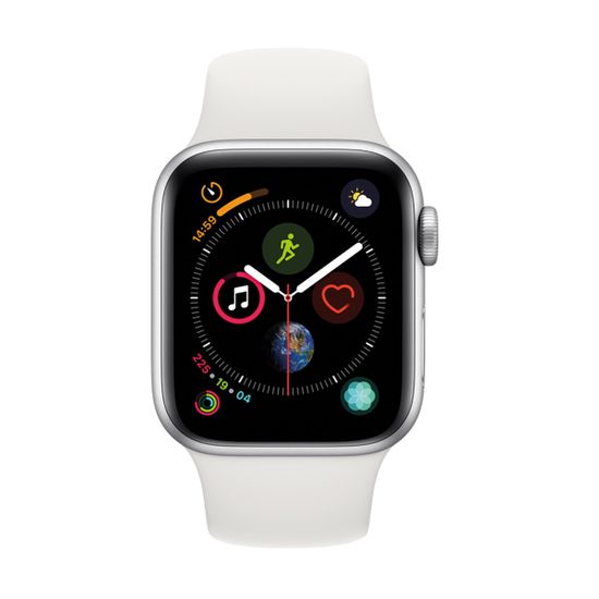 Часы смарт Apple Watch Серия 4, 40мм из алюминия серебристого цвета, спортивный ремешок белого цвета