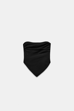 ZARA АТЛАСНЫЙ ТОП БЕЗ БРЕТЕЛЕЙ В ГОРОШЕК С ЗАВЯЗКАМИ, ЧЕРНЫЙ