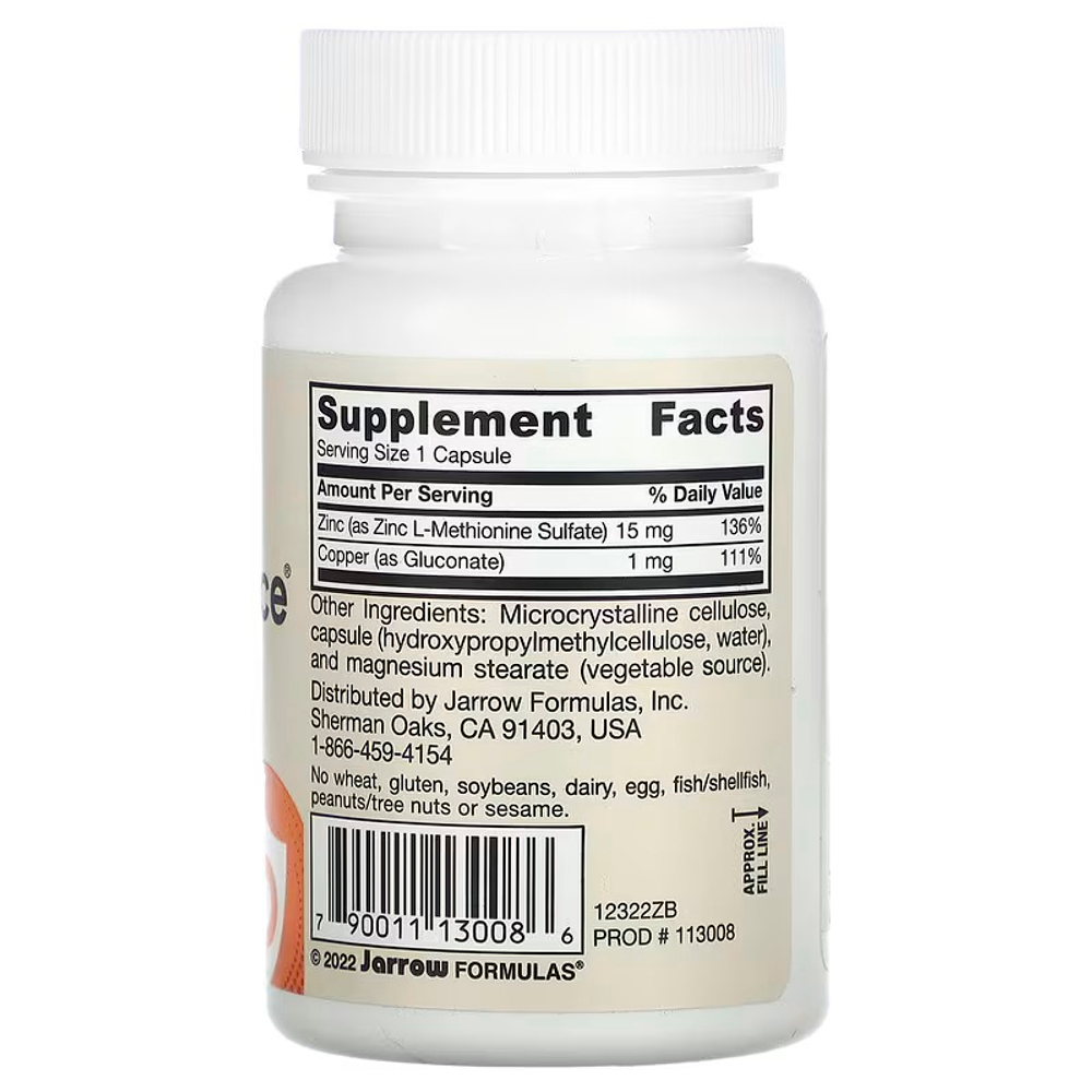 Jarrow Formulas, Zinc Balance, цинк, веганская добавка, 100 растительных капсул