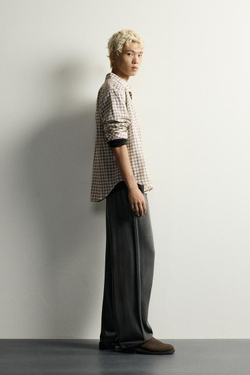 ZARA ТРИКОТАЖНЫЕ БРЮКИ RELAXED FIT ИЗ ХЛОПКА, ЛИНЯЛЫЙ ЧЕРНЫЙ
