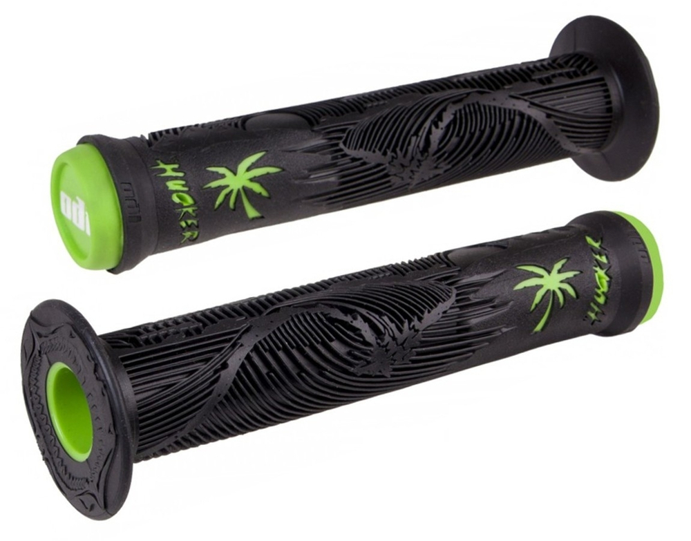 Грипсы ODI Hucker F10HFBN чёрно-зелёные, антипроскальзывающий материал, с пластиковыми грипстопами,
