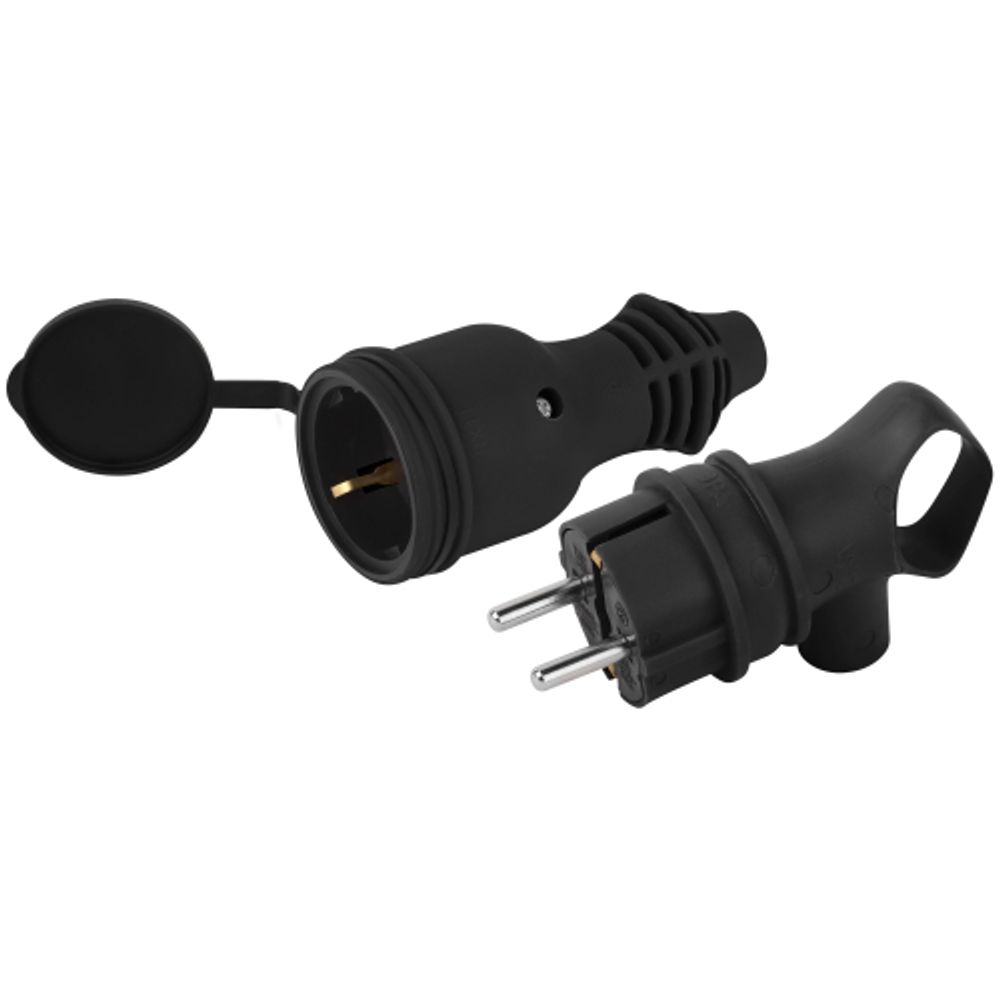 Набор вилка+розетка ЭРА VX12-B-IP44 + RX11-B-IP44 каучуковые c заземлением 16А IP44 с кольцом угловая черная | Штепсельные вилки и розетки